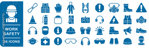 Work safety equipment icons set. Safety icon symbol collection. Essential construction and industry signs. Safety and health protection equipment. Vector illustration image. Isolated on white backgrou