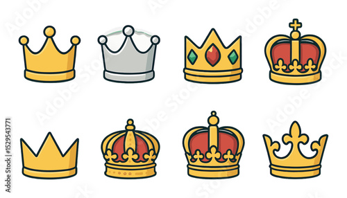 Royal Crowns Concept isometric set. Golden crown, silver crown, jewel-encrusted crown, velvet crown, minimalist crown, antique crown, imperial crown.