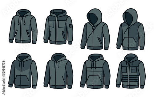 Techwear Hoodie Concept isometric set. Hoodie with zippers and straps, cyberpunk panel hoodie, hood with visor, asymmetric zip hoodie, multi-texture hoodie
