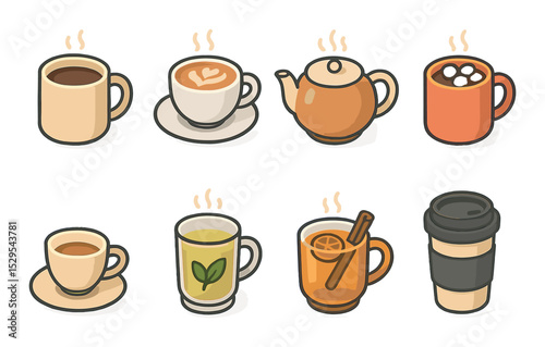 Hot Beverages Concept isometric set. Coffee mug, latte art cup, teapot, hot cocoa with marshmallows, espresso shot, herbal tea glass, spiced cider, travel