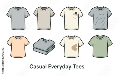Casual Everyday Tees Concept isometric set. Heather gray tee, rolled sleeve tee, pocket with pen shirt, slightly wrinkled shirt, comfy stretch tee, laundry