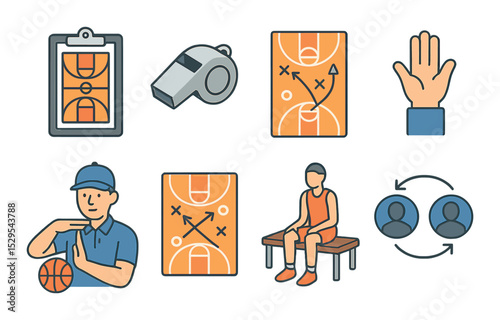 Basketball Coaching Concept isometric set. Clipboard with court plan, whistle icon, play diagram, coach hand gesture, team timeout, strategy arrows, bench