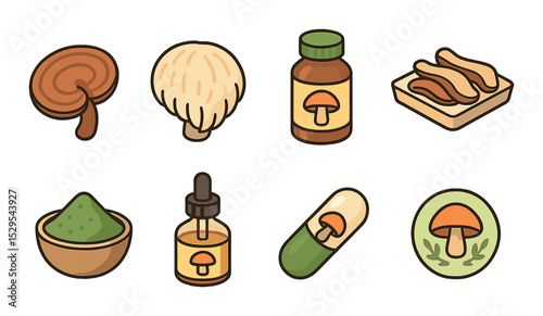 Medicinal Mushrooms Concept isometric set. Reishi icon, lion’s mane cap, wellness fungi bottle, dried mushroom blend, herbal fungi powder, mushroom