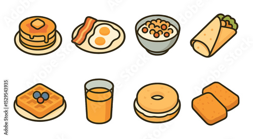 Breakfast Menu Concept isometric set. Pancakes with syrup, bacon and eggs, granola with yogurt, breakfast burrito, waffles with berries, orange juice.