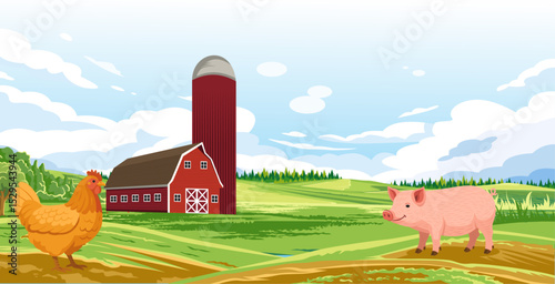 A cheerful chicken and pig near a red barn on a green farm.