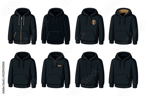 Luxury Hoodie Design Concept isometric set. Hoodie with gold zippers, velvet hoodie, hoodie with embroidered crest, hoodie with satin lining, high-end