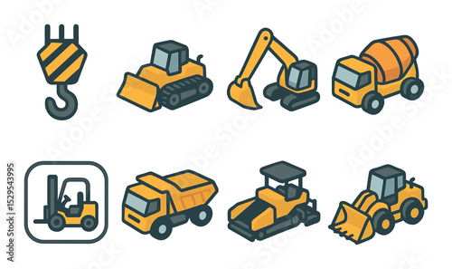 Heavy Equipment Concept isometric set. Crane hook, bulldozer icon, excavator arm, cement mixer, forklift badge, dump truck, paver machine, front loader