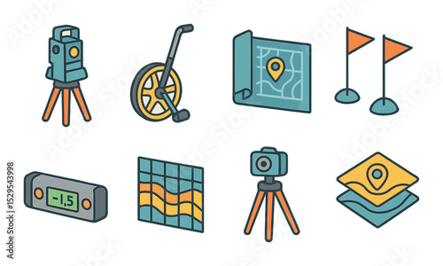 Engineering & Surveying Concept isometric set. Theodolite icon, measuring wheel, blueprint map, survey flags, digital level, topography grid, tripod camera