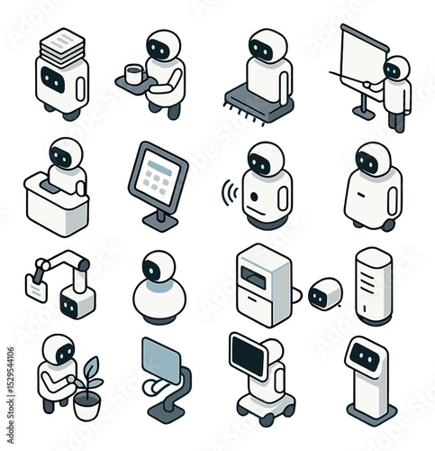 Office robot assistant isometric set. document delivery bot, robotic coffee server, desk-cleaning assistant, smart presentation pointer, robotic