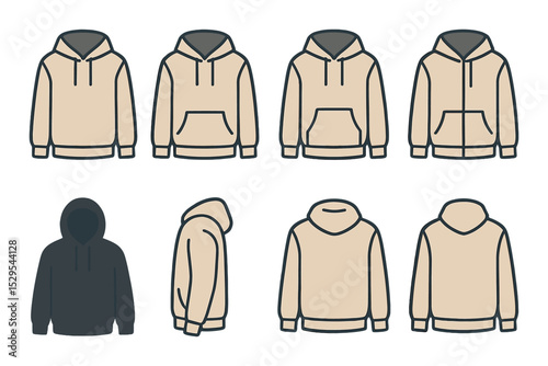 Minimal Hoodie Mockups Concept isometric set. Plain front hoodie, hoodie with clean seams, subtle pocket lines, hidden zip detail, tonal drawstrings.