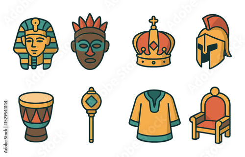 Cultural Kingship Concept isometric set. Pharaoh crown, tribal king mask, Eastern imperial crown, warrior king helm, ceremonial drum, scepter staff.