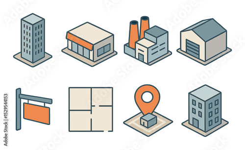 Commercial Real Estate Concept isometric set. Office tower, shopping plaza, warehouse building, industrial complex, leasing sign, retail space layout.