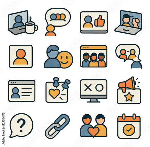 Coworking social dynamics isometric set. virtual coffee chat, group brainstorming bubble, feedback thumbs icon, digital applause reaction, coworker avatar