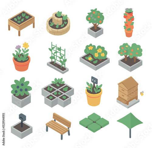 Edible rooftop landscaping isometric set. raised planter box, herb spiral, rooftop fruit tree, vertical strawberry tower, pollinator plant pot, trellis