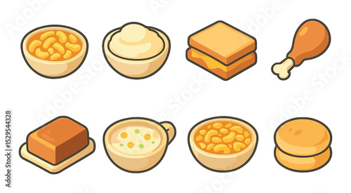 Comfort Food Concept isometric set. Mac and cheese, mashed potatoes, grilled cheese sandwich, fried chicken, meatloaf, creamy soup, cheesy pasta, warm