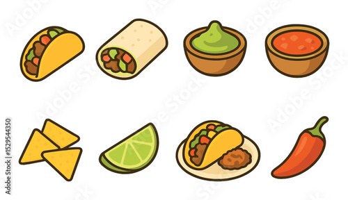 Taco Menu Concept isometric set. Hard shell taco, soft tortilla wrap, guacamole bowl, spicy salsa, corn chips, lime wedge, taco combo plate, chili pepper
