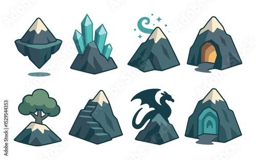Fantasy Mountains Concept isometric set. Floating mountain, crystal cliff, enchanted peak, glowing cave in rock, magical tree on hilltop, ancient stairs.