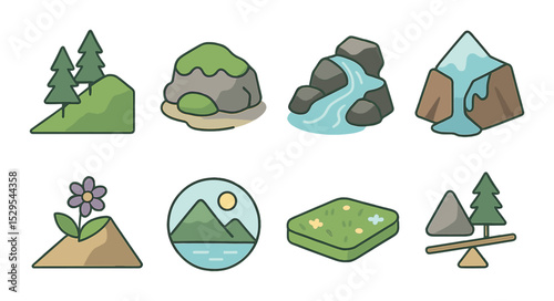Mountain Ecology Concept isometric set. Tree line, moss-covered rock, flowing mountain stream, glacier melt, rare flower on slope, ecosystem icon, alpine