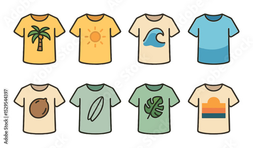 Summer T-Shirt Designs Concept isometric set. Palm tree print tee, sunshine logo tee, beach wave graphic, ocean blue gradient shirt, coconut print.