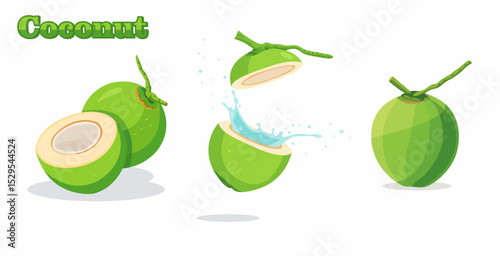 Three green coconuts, one whole, one halved with water splashing, and one sliced.