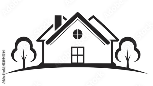Vector illustration of a residential house icon with a black background silhouette line art