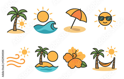 Tropical Sun Concept isometric set. Palm tree with sun, sun over ocean wave, beach umbrella shadow, sun with sunglasses, warm breeze icon, sunset island.