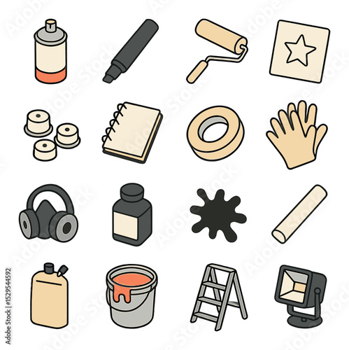 Graffiti tools and supplies isometric set. spray paint can, marker pen, paint roller, stencil sheet, paint cap set, sketch notebook, masking tape roll.