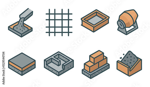 Concrete & Foundation Concept isometric set. Pouring concrete icon, rebar grid, slab mold, concrete mixer drum, floor base logo, foundation plan, block