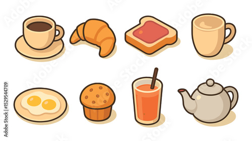 Cafe Menu Concept isometric set. Coffee cup, croissant, toast with jam, cappuccino mug, scrambled eggs, muffin, smoothie glass, tea pot