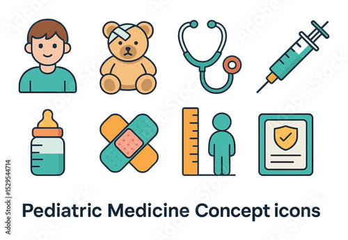 Pediatric Medicine Concept isometric set. Child patient icon, teddy bear with bandage, pediatric stethoscope, cartoon syringe, baby bottle, colorful