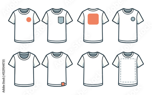 T-Shirt Branding Templates Concept isometric set. Front chest logo zone, left pocket print space, back center graphic zone, sleeve detail logo, inside tag