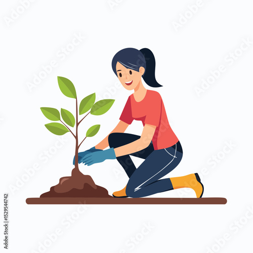 Young person kneeling on ground planting a small sapling, dressed in casual clothes and gloves, symbolizing nature care and sustainability.