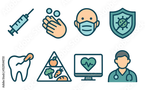 Preventive Care Concept isometric set. Vaccine syringe, handwashing icon, mask face, shield with germ, dental cleaning, nutrition chart, health screening.