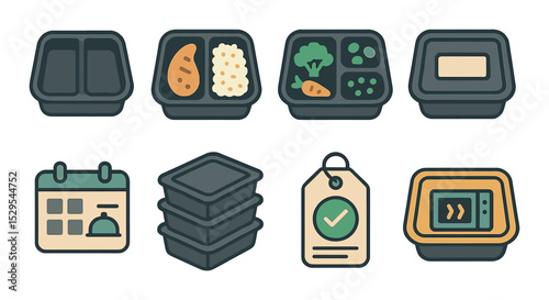 Meal Prep Boxes Concept isometric set. Divided container, portioned chicken rice, veggie meal box, labeled container, meal plan icon, stack of boxes.