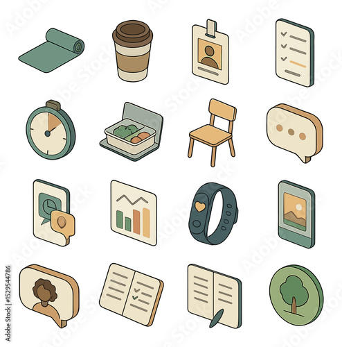 Daily nomad routines isometric set. morning yoga mat, coffee to-go cup, coworking check-in badge, task list app screen, focus timer icon, lunchbox on