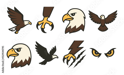 Eagle Power Concept isometric set. Flying eagle, sharp talon, eagle head, wide wingspan, powerful beak, soaring silhouette, eagle claw strike, predator