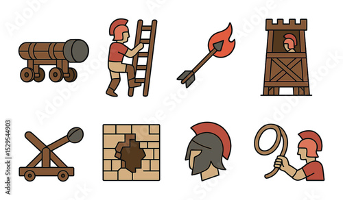Spartan Siege Icons Concept isometric set. Battering ram, ladder climber, flaming arrow, tower assault, catapult arm, wall breach, siege helmet, rope throw