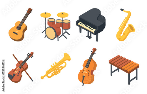 Musical Instruments Concept isometric set. Acoustic guitar, drum set, grand piano, saxophone, electric violin, trumpet, double bass, xylophone
