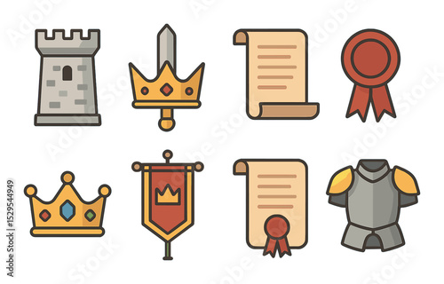 Medieval Kingship Concept isometric set. Castle tower, sword and crown, royal scroll, king’s seal, crown jewels, court banner, royal decree, ceremonial