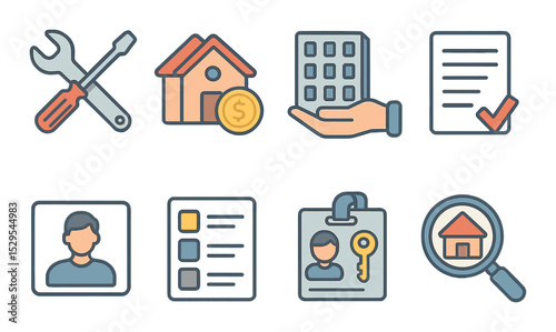 Property Management Concept isometric set. Maintenance icon, rent collection symbol, managed apartment block, service request paper, landlord profile, unit