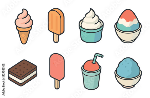 Frozen Treats Concept isometric set. Ice cream cone, popsicle, frozen yogurt cup, shaved ice, ice cream sandwich, frozen fruit bar, slush drink, snowball