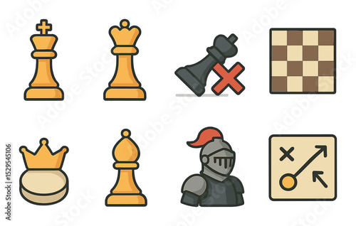 Royal Chess Concept isometric set. King piece, queen piece, checkmate symbol, chessboard pattern, crown token, golden bishop, knight in armor, game