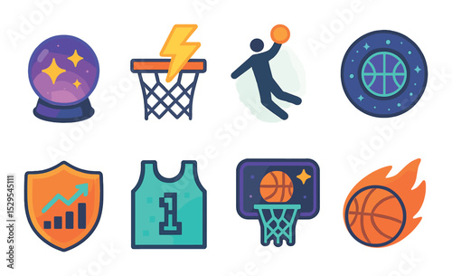 Fantasy Basketball Concept isometric set. Magic ball glow, lightning hoop, flying player silhouette, cosmic court, stat power badge, digital jersey icon.