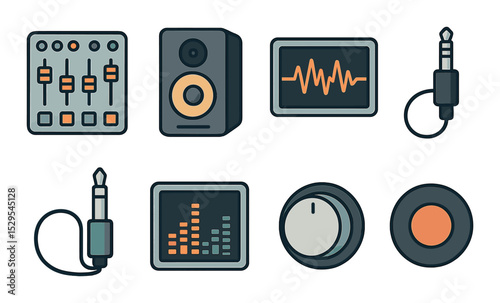Sound Engineering Concept isometric set. Mixing console, studio monitor, waveform display, audio cable, headphone jack, soundwave meter, pan knob, record