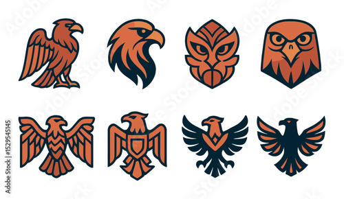 Tribal Eagle Design Concept isometric set. Feathered tribal eagle, stylized head, sharp lines emblem, mask-style eagle, pattern wings, ancient crest, bold