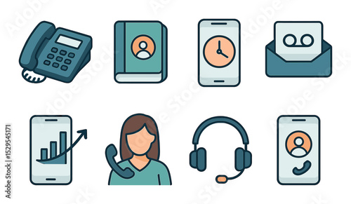 Business Phone Use Concept isometric set. Office phone icon, contact book, call scheduling, voicemail inbox, call analytics, virtual assistant icon.