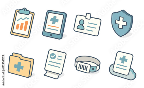 Medical Data & Records Concept isometric set. Clipboard with chart, electronic health record, patient ID card, secure data shield, medical folder, test