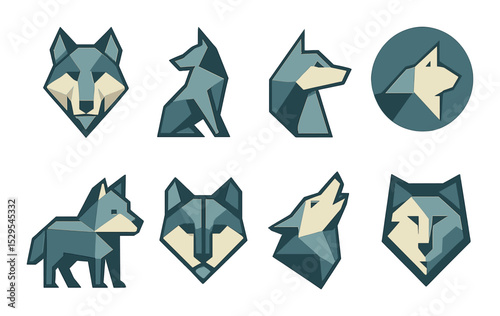 Geometric Wolf Logos Concept isometric set. Low-poly head, angular silhouette, triangle mask, circle-cut wolf, cube-body concept, mirrored head logo.