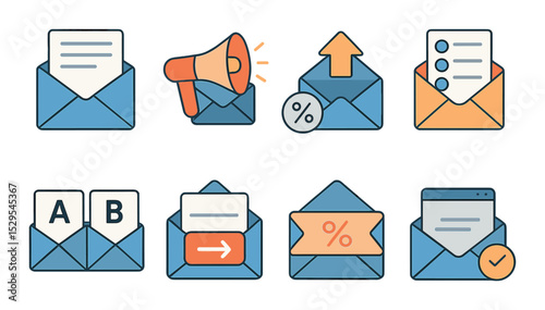 Marketing Email Concept isometric set. Newsletter icon, campaign megaphone, mail open rate, email list, A/B test envelope, call-to-action mail, promotion