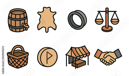 Viking Trades Concept isometric set. Mead barrel, animal pelt, forged ring, trading scales, woven basket, rune coin, market tent, barter handshake